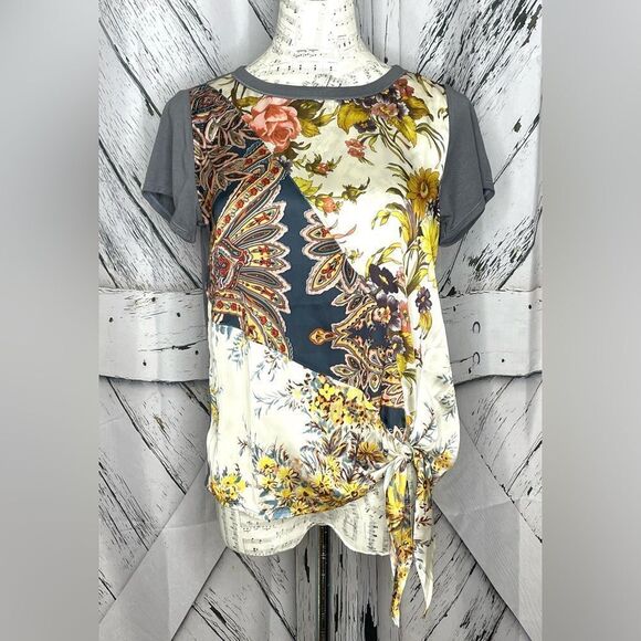 Anthropologie Tiny Short Sleeve Floral Mix Media Tie Front XS - Picture 1 of 7
